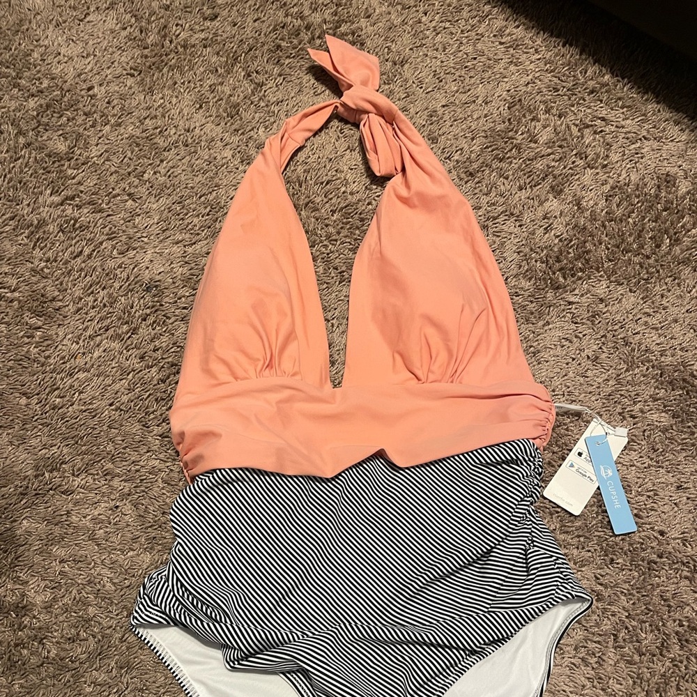 Peach and Striped Halter Swimsuit